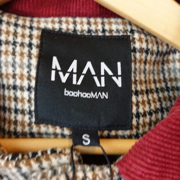 Tweed Houndstooth Car Coat Mens Small Beige Check Corduroy Collared BOOHOO MAN - Picture 3 of 14